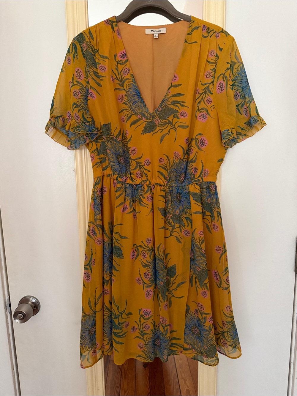 Madewell Mustard Floral Mini Dress with Blue & Pink Print